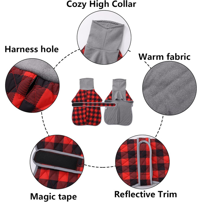 Водонепроникний термо-чохол для собак Warmer, степний, рожево-клітинчастий з флісовою підкладкою, з отвором для шлейки, для собак маленьких, середніх та великих розмірів (X-Small, червоний)