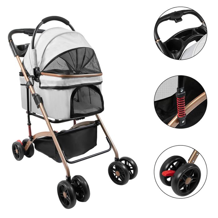 Дитяча коляска для тварин Homewell, сіра, до 20 кг, з відкидним кошиком, сіткою, ременями та тримачем для напоїв
