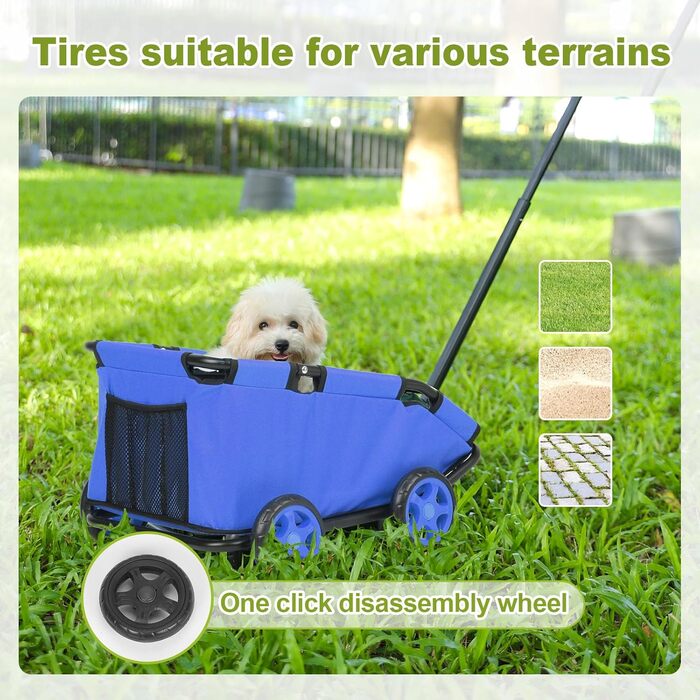 Міні-візок для тварин, складний багатофункціональний візок для покупок з висувним ручками, для прогулянок на вулиці, з подушкою та страхувальним тросом, з кишенькою (Блакитний)