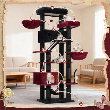 Великий котячий будиночок Kratzbaum: стабільний, 200 см, з платформами, гамаком, сизалевими стовпчиками (чорний та червоний)