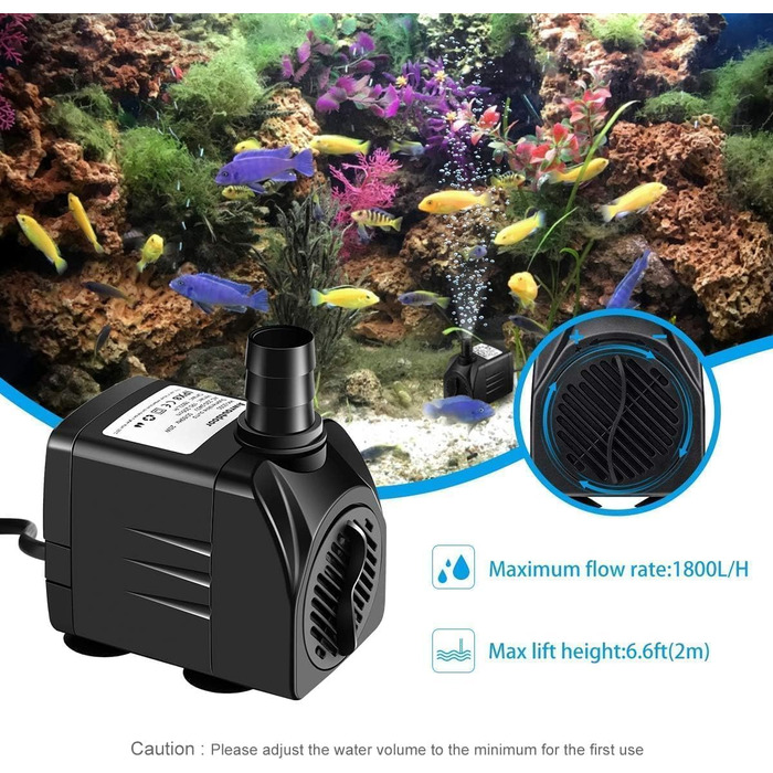 Погружний насос для ставка, фонтану, акваріума Wasserpumpe 1800 л/год, 25 Вт, 3 насадки (13/16/19 мм)