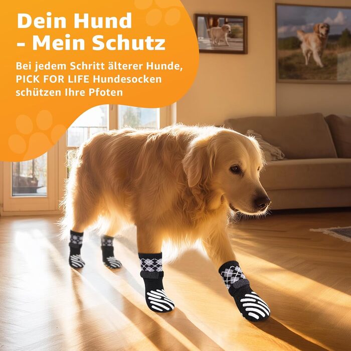 Шкарпетки для собак PICK FOR LIFE 4 шт. Захист лап, антиковзаючі, з клямками для твердих дерев'яних підлог, чорного кольору. Підходять для маленьких, середніх та великих собак.