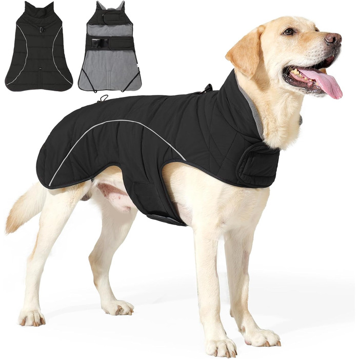 Зимова куртка для собак середніх та великих порід: тепла флісова жилетка, водонепроникна, з D-початком, шнурком та 2 еластичними стрічками, чорного кольору, розмір L