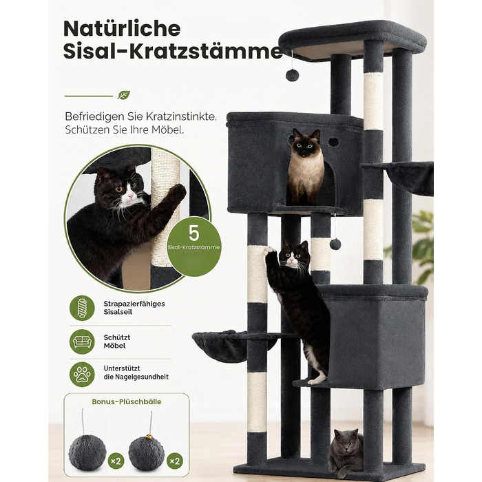 Комплексний котячий будинок Kratzbaum XL 170 см з сірим покриттям: ігровий комплекс для великих котів з дряпаками, будиночком, гамаком та м'ячиками