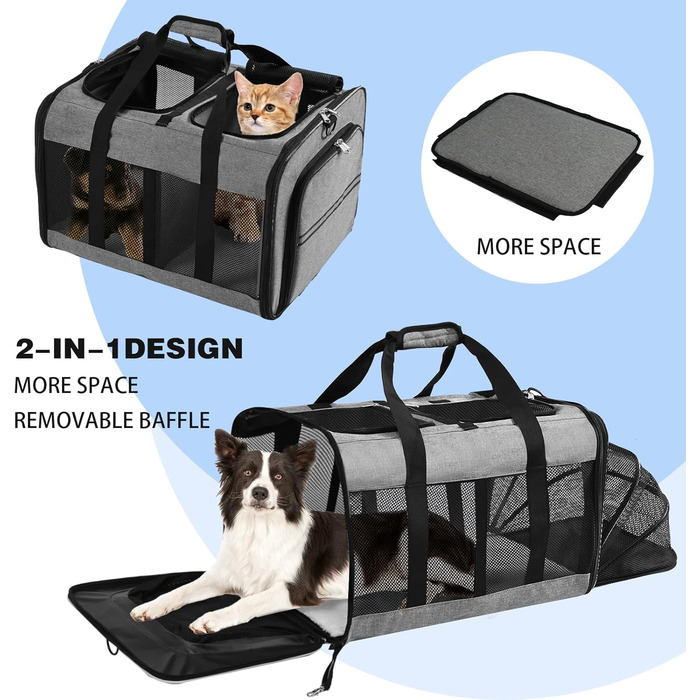 Трансформер для домашніх тварин 2-в-1: переноска для котів та собак, сіра. Розширювана переноска для 2 котів або середнього собаки. Міцна, з вентиляцією, для подорожей.