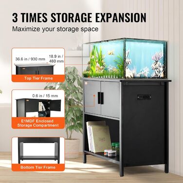 VEVOR акваріумна підставка 40 гал, сталево-MDF, для риб та рептилій, 93x48x80 см, до 152 кг, з шафою та вбудованою панеллю живлення, чорна