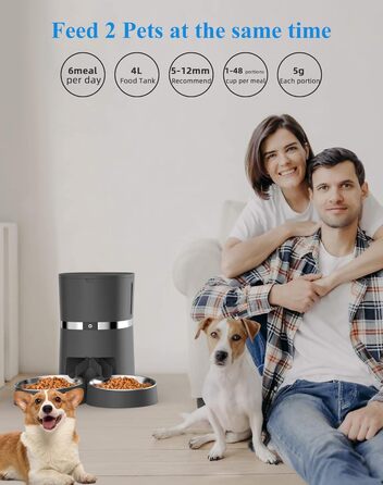 Автоматичний годівниця для котів та собак WellToBe Smart з Wi-Fi, таймером, функцією запису голосу та керуванням через додаток, до 6 прийомів їжі на день (чорний)