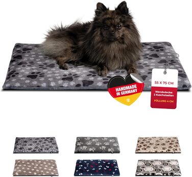 Лежак для собак HS-Hundebett® S 55x75 см, двосторонній, м'який, сірий з лапкою, для дивану, авто і клітки, 3 см наповнювач, вироблено в Німеччині