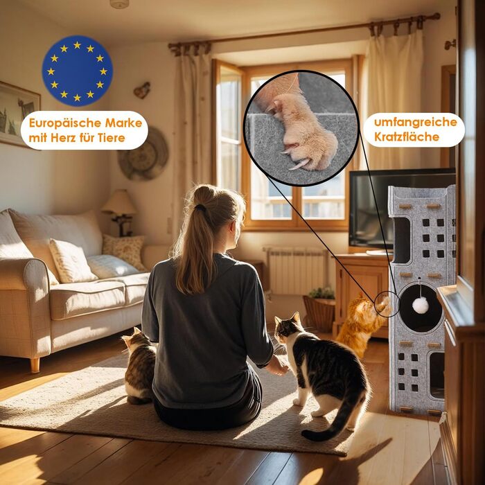 Сучасний котячий комплекс з 4 ярусами та 3 будиночками для котів, сірий. Міцний, з фетру, з іграшкою, 90 см.