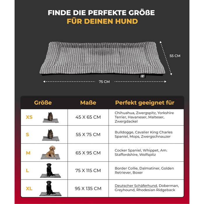 Килимок для собак HS-Hundebett® з підкладкою Cord та наповнювачем XS – антиковзаюча функція – тепла ковдра для собак – затишне місце для відпочинку – Made in Germany (Антрацит, 55x75 см)