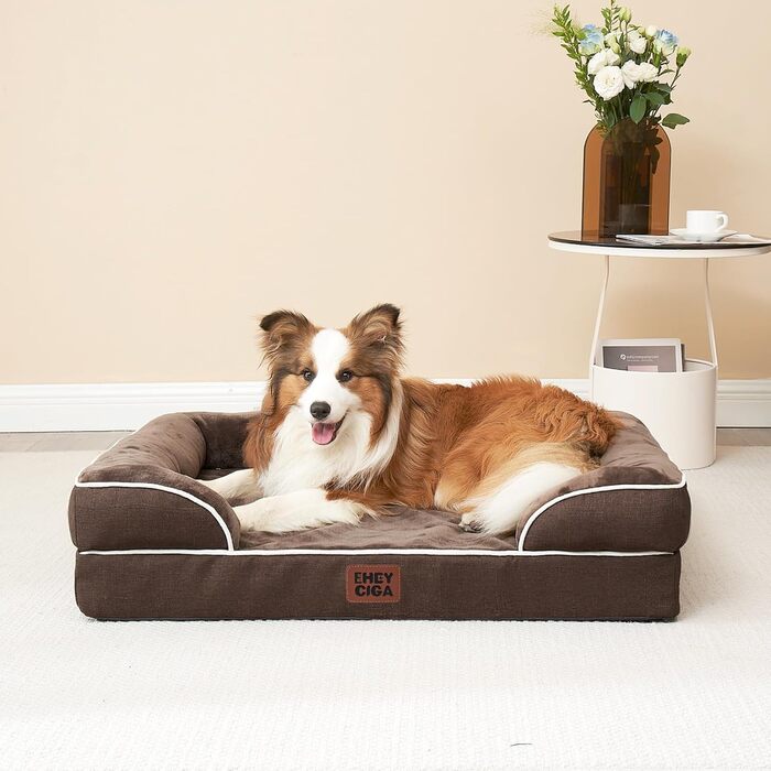 Ортопедичне ліжко для собак великих порід, 104x69 см, з піною з пам'яті, кошик для собак середніх порід, миється, водонепроникне, з неслизьким покриттям, диванчик для собак з високим бортиком, коричневий, розмір L 104 x 68.5 x 17 см