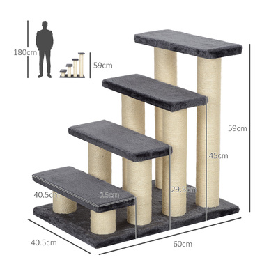 PawHut Pet Stairs 4-ступінчасті сходи для собак і сходи для кошенят, м'який плюш, сірий, 60x40.5x59см | Аосом