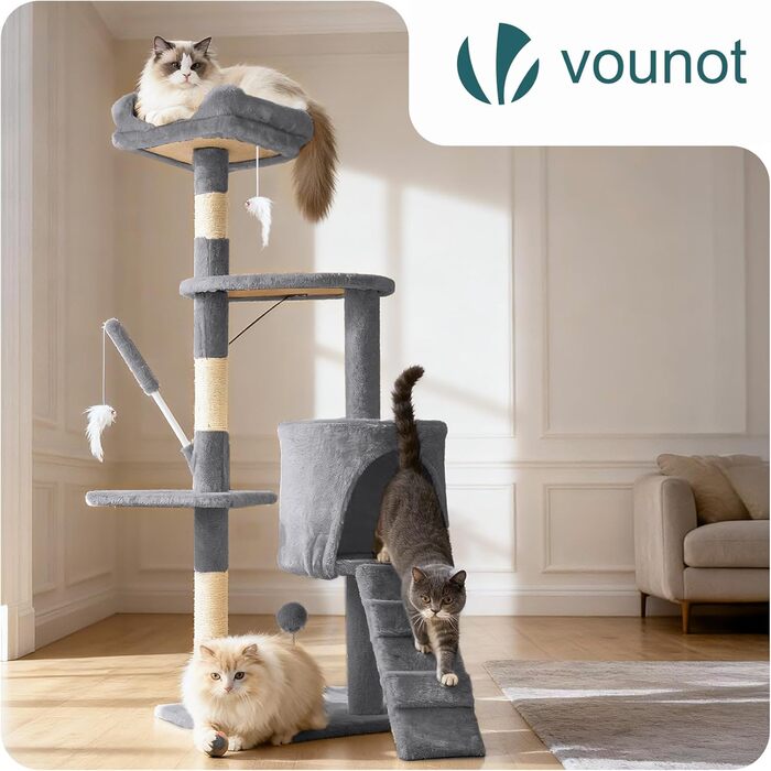 Кігтеточка для котів Vounot® – багатоярусна, 112 см, сіра, з платформами та іграшками