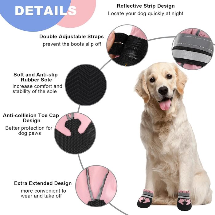 Чоботи для собак, 4 шт., захист лап, водонепроникні, з відбиваючими ременями, міцні, можна прати, для малих, середніх та великих собак (S, рожевий)
