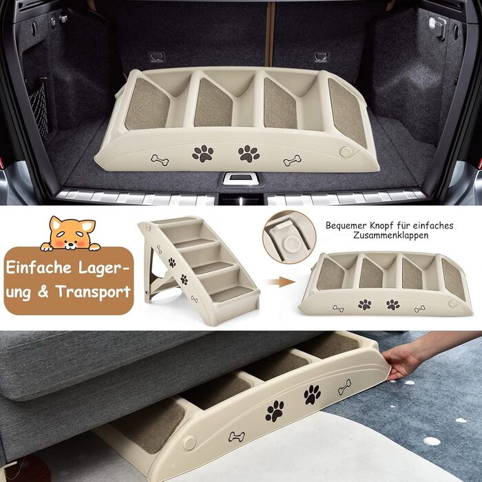 Сходинки для тварин GYMAX: 4 сходинки, складна конструкція, пластик, антиковзкі підкладки, килимки, для котів та собак (Бежевий)