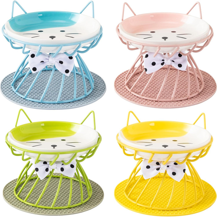 Керамічні годівниці для котів набором 4 шт., підняті миски з підставкою, годівниця для домашніх котів, зменшує напругу в шиї, зручні для вусів, для кошенят, котів, цуценят, миється в посудомийній машині, 4 кольори миска+підставка