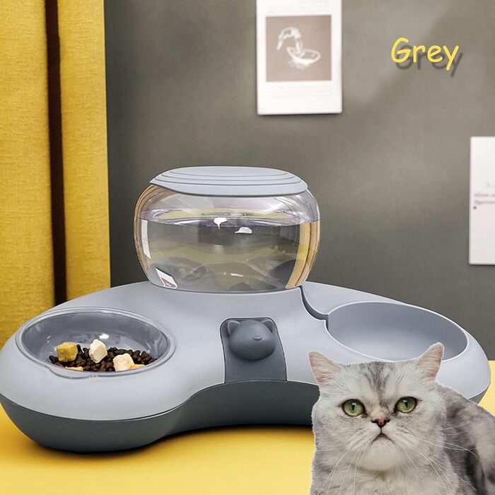 Набір мисок для котів з диспенсером води, підняті миски для котів, станція годування для котів, велика ємність, неслизький набір мисок (сірий)