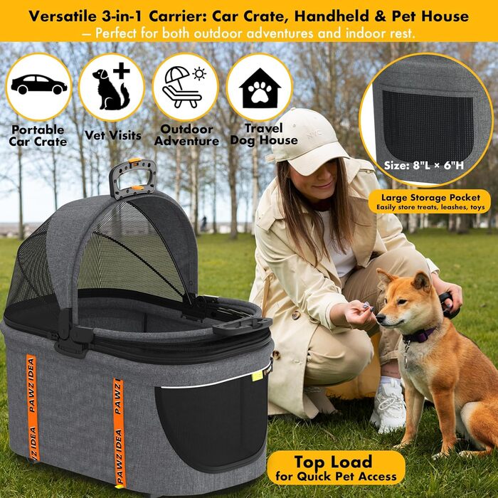 Автокрісло для тварин PAWZIDEA - сіре, до 15 кг, знімні та миючі подушки