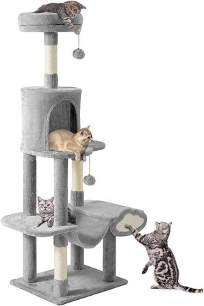 Кігтеточка YITAHOME XXL для котів, 142 см, сірий, з 8 стовпів з сизалю, 3 платформи, 2 печери, гамак, іграшки, кігтешкребок, крізьбаум