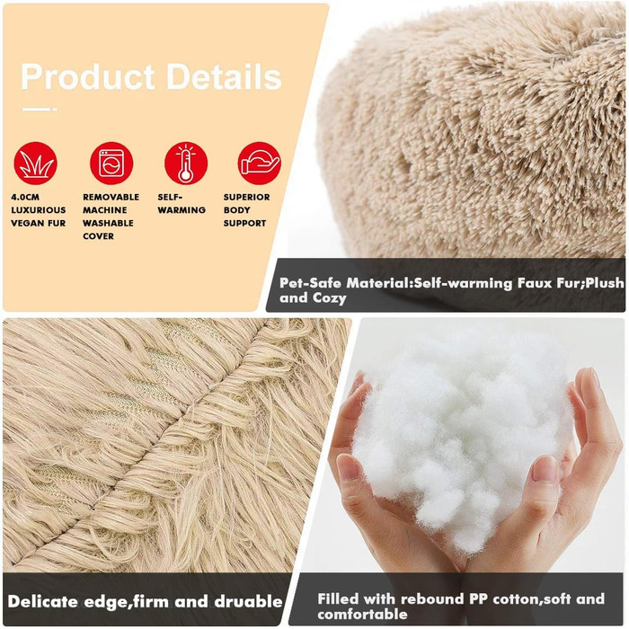 Крісло-ліжко для собак великих порід, миється, подушка для собак та котів, лежанка для собак, кошик для котів, кругле м'яке пухнасте ліжко для тварин, 110x110x20см, Бежевий колір