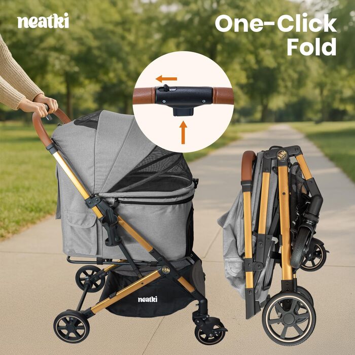 Складаний візок для домашніх тварин для собак та котів, сірий, 70x50x103 см, вантажопідйомність 15 кг, поворотні передні колеса на 360°, складання в один клік, гальмо, страхувальні кліпси, знімне м'яке сидіння