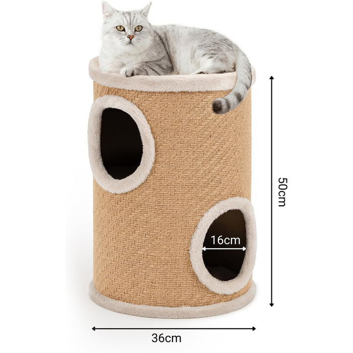 Котячий кігтетоп Lionto з сизалю з іграшковим м'ячиком та плюшевим обідком, висота 50 см. Стабільний кігтетоп для кошенят та дорослих котів, ідеальний догляд за кігтями та розваги, багато місць для ховання, діаметр 36 см, висота 50 см (джут).