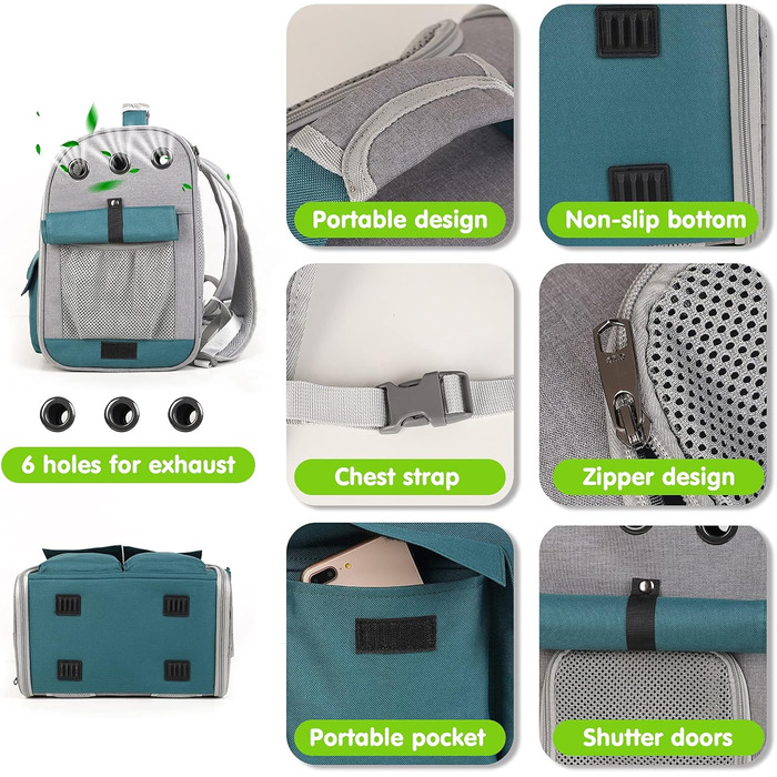 Рюкзак для тварин PETCUTE: переноска для собак та котів, знімний килимок, безпечний ремінь, зелений