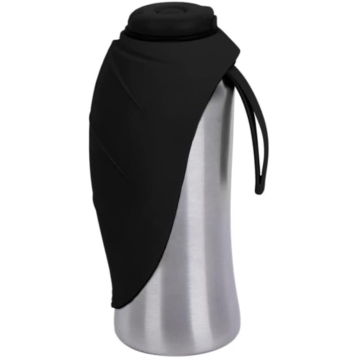 Pacific Paws Поїлка для собак Northwest - переносний диспенсер води, сталева пляшка, силіконовий миска у формі листка, 765 мл, чорний