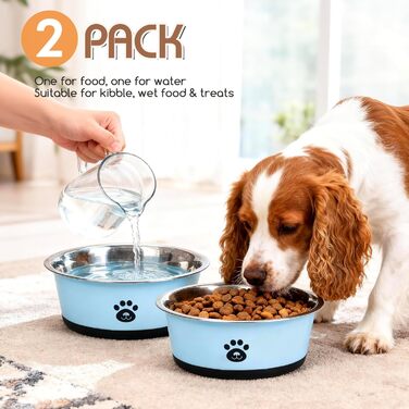 Набори мисок для собак та котів з нержавіючої сталі з силіконовим дном, 2 шт. (блакитні)