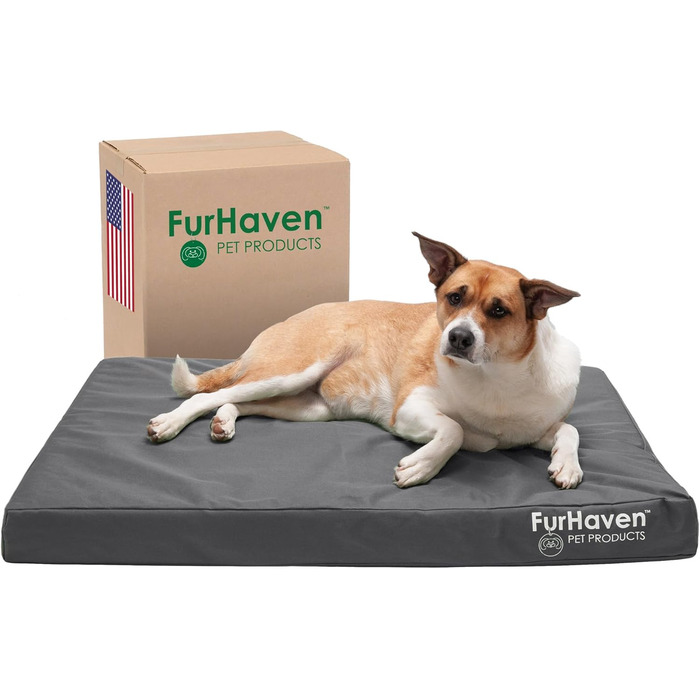 Гірчичне собаче ліжко Furhaven з охолоджуючим гелем, водовідштовхувальне, для собак середніх та великих порід (до 25 кг), знімний та пральний чохол, матеріал Oxford Polycanvas, розмір L (91 x 69 x 8 см)