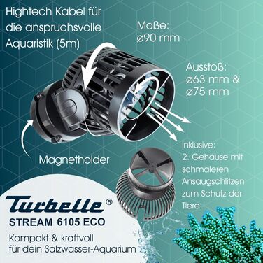 Протічний насос Tunze Turbelle Stream 6105 eco з 3D-регулюванням, пропелерний, з магнітним тримачем і клемою Silence для скла до 15 мм, для морського акваріума