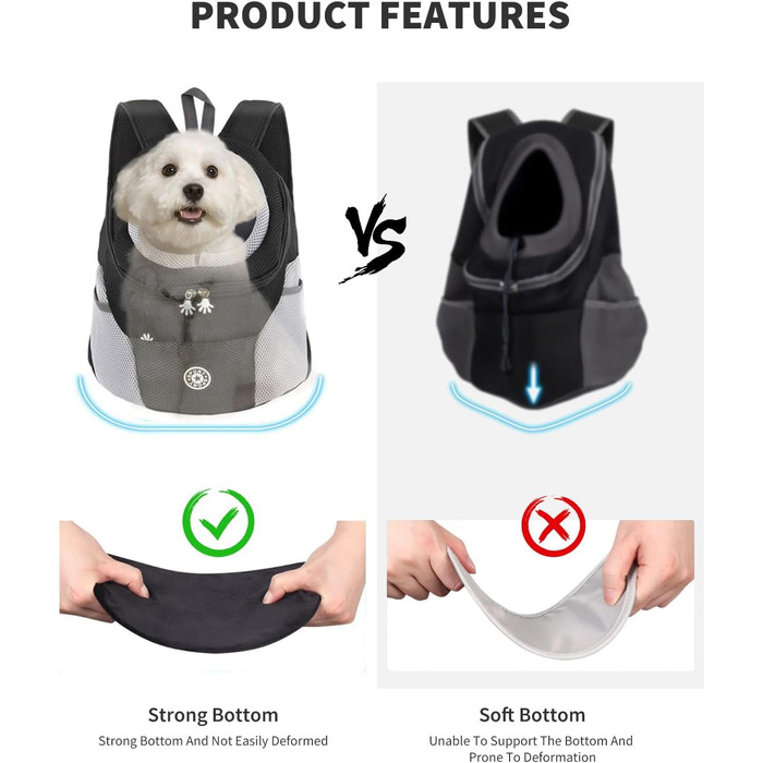PETCUTE Рюкзак-переноска для собак і котів, чорний, з регульованим ременем, водонепроникним дном та дихаючою передньою кишенею