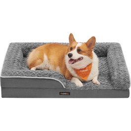 Ортопедичне ліжко для собак Feandrea середнього розміру, вологостійке, знімний плюшевий чохол, 91 x 68 x 16 см, сірий PGW252G02 L