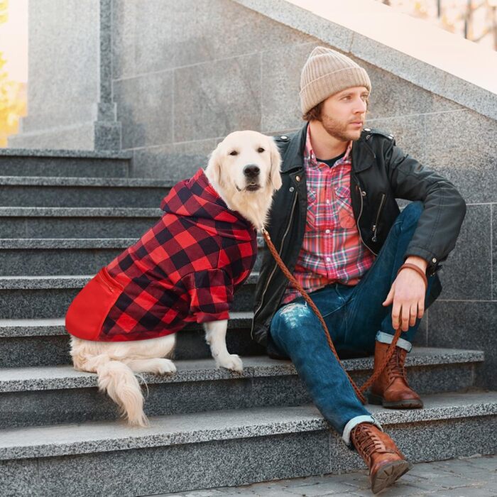 Теплий зимовий пуловер для собак з капюшоном та кишенею, в клітинку, розміри S-5XL (2XL, чорно-червоний)