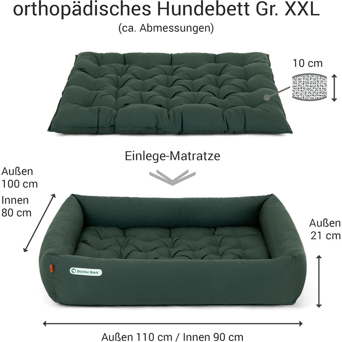 Ортопедичне ліжко для собак Doctor Bark - великі породи, XXL (110x100 см), зелене, миється до 95°C