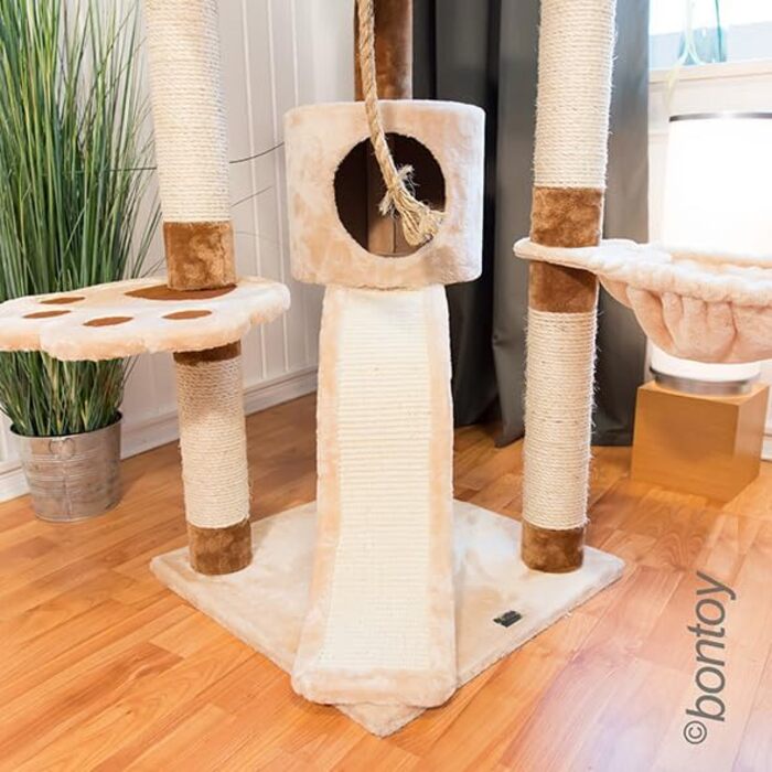 Дряпка для котів Bontoy Lou, кремово-коричнева, 145 см, велика лежанка 46 см, ігровий комплекс для відпочинку, ігор та точіння кігтів