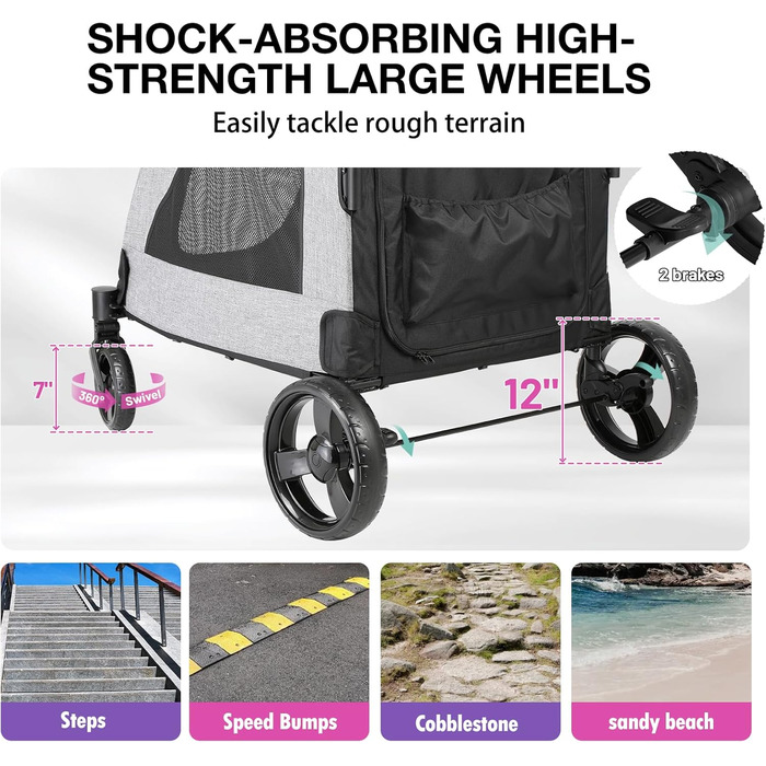 Візок для собак EchoSmile для середніх та великих собак до 70 кг, сірий, складний, з сітчастими віконцями та регульованою ручкою, 4 проходимі колеса