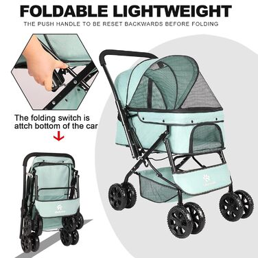 Візок для собак Wedyvko до 20 кг, 4 колеса, складний, для маленьких та середніх собак/кішок, з кошиком для зберігання та тримачем для напоїв, зелений