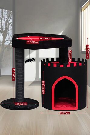 Готичний котячий будинок YARUOMY: чорна котяча вежа з саркофагом-ліжком, простора хатинка для котів, когтеточка з канатом, підвісна іграшка-павук, меблі для котів у готичному стилі, велика, для Хелловіну