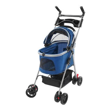 Візок для собак та котів, розкладний, до 12 кг, з кошиком та страхувальним тросом (темно-синій)
