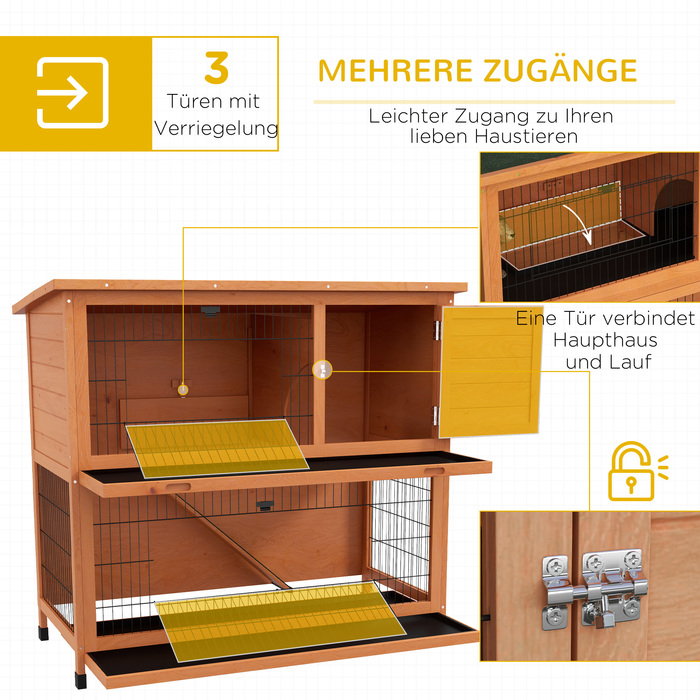 PawHut Wood Rabbit Hutch 2-поверхова будиночок для дрібних тварин з піддонами та пандусом, відкритий вольєр, асфальтовий дах для 2 кроликів Помаранчевий
