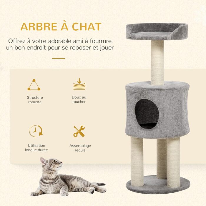Дряпка для котів PawHut, 103 см, сизаль, платформа, сірий плюш