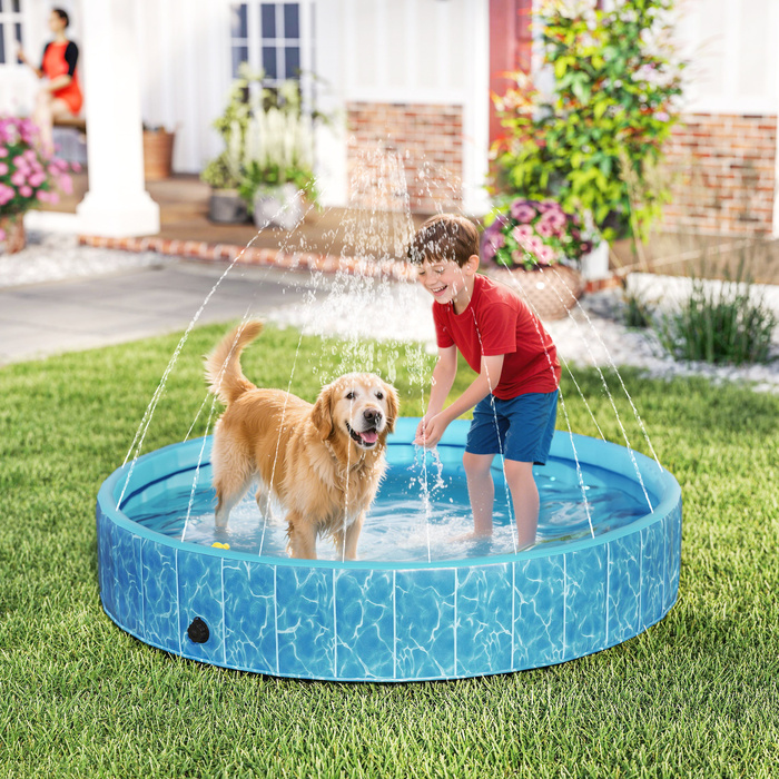 PawHut Dog Pool Складаний весловий басейн з фонтаном і подушкою для води Дизайн Ø160 x 30 см Нековзна ванна для собак Басейн для собак і кішок | Аосом