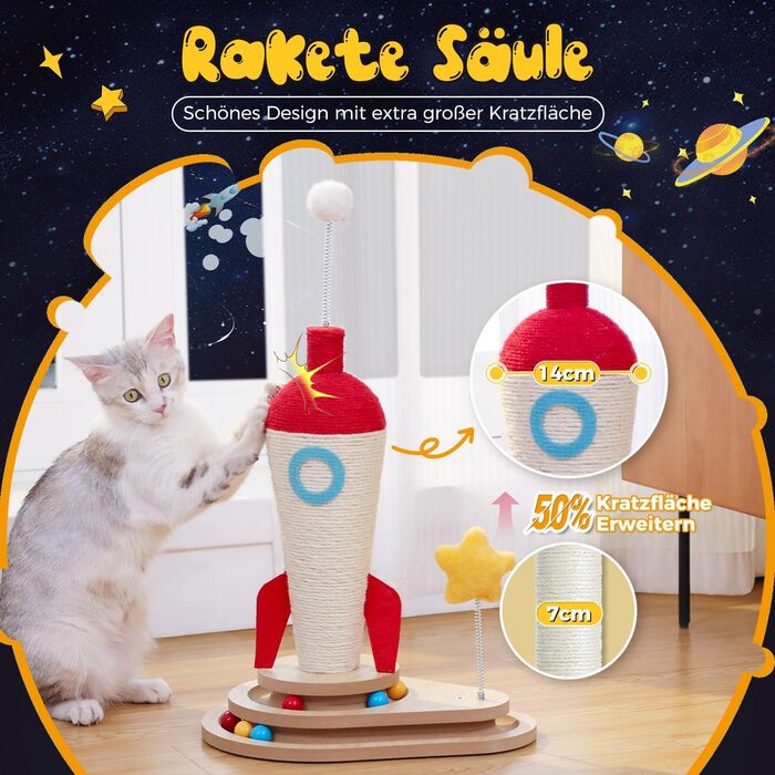 Інтерактивна іграшка для котів PETEPELA з подряпальним стовпчиком у формі ракети, кулькова траса, пір'їнка, з масиву дерева, багатофункціональна