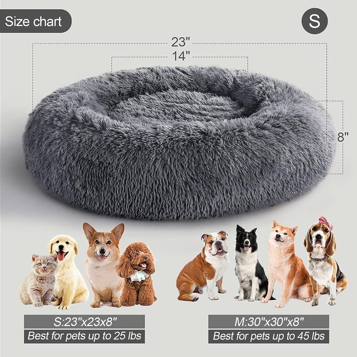 COOSLEEP HOME: М'яке ліжко для собак та котів з штучним хутром, Donut-подушка, водонепроникне дно, машинного прання, міцне (S, 58,4 x 58,4 см, темно-сірий)