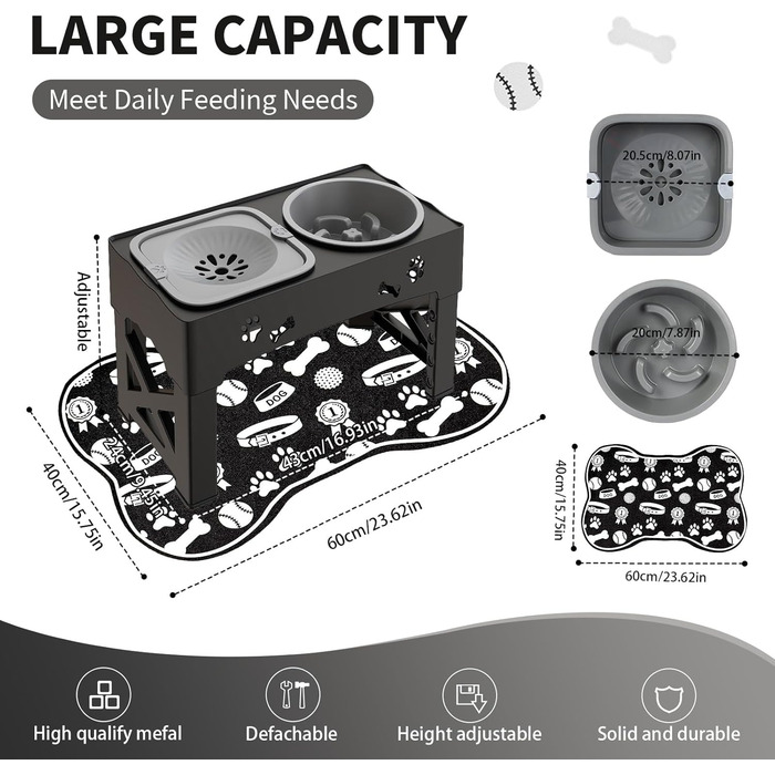 Набір мисок для собак та котів 3-в-1 з регулюванням висоти, антиковзною підкладкою та захистом від розливання, 2 шт. по 1000 мл, нержавіюча сталь, для собак та котів всіх розмірів
