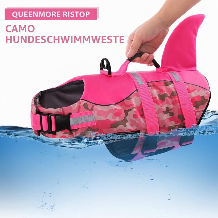 Рятувальний жилет для собак Queenmore з ручкою та високою плавучістю, Ripstop, рожевий камуфляж (розмір S, акула)