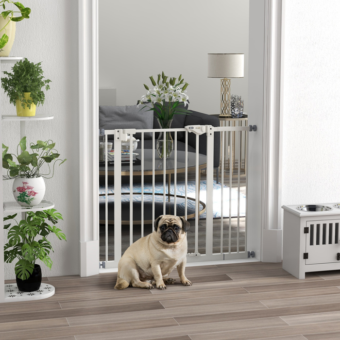 PawHut Door Gate Gate, Шлагбаум, 74-80/87-94 см, Сходові ворота для домашньої тварини, Ворота для собаки в т.ч. різні надставки, Захисні ворота без свердління, Метал, Пластик, Білий | Аосом