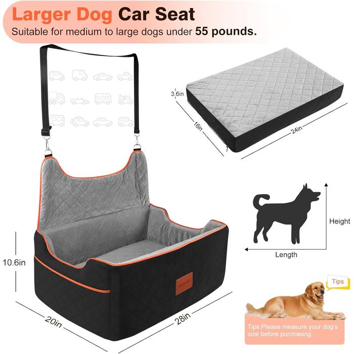 Автокрісло для собак великих та середніх порід, знімний, миючий чохол, до 25 кг або 2 дрібні собаки, чорний / сірий, Large