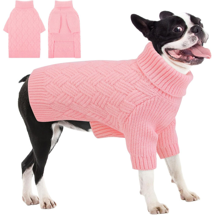 Теплий зимовий пуловер для собак AOFITEE з коміром-гетром, рожевий (L). Підходить для чихуахуа, французького бульдога та інших маленьких порід.
